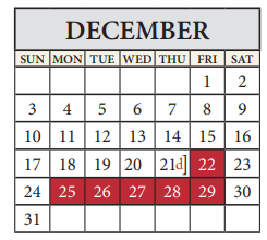 District School Academic Calendar for Pflugerville Middle for December 2023