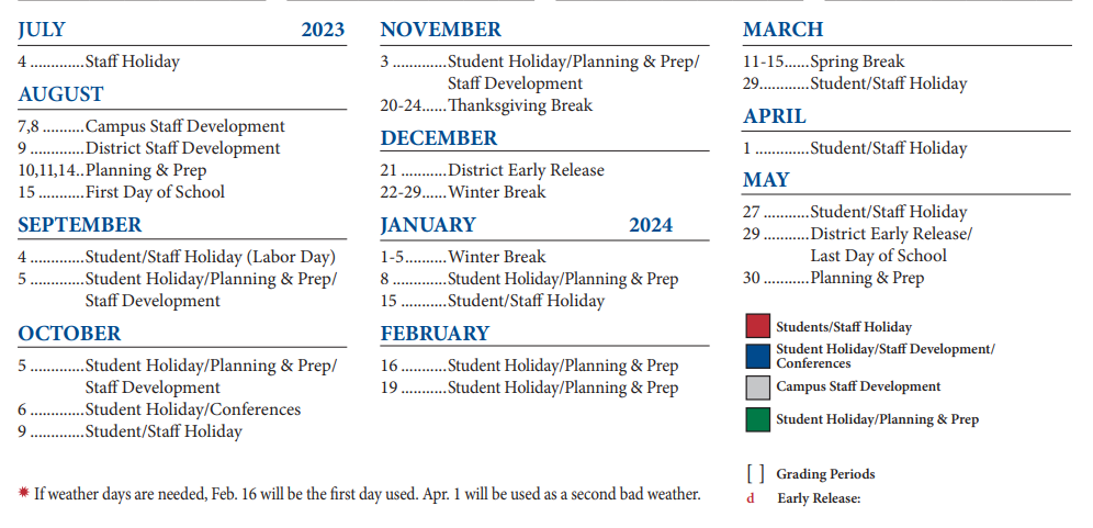 District School Academic Calendar Key for Pflugerville Middle