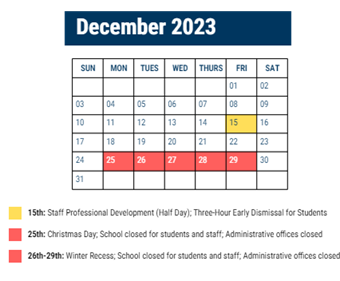District School Academic Calendar for Parkway Northwest for December 2023