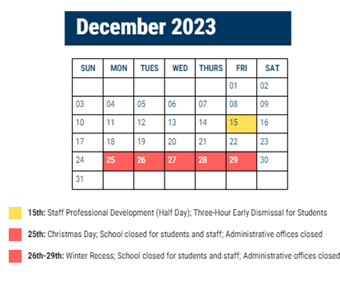 District School Academic Calendar for Shoemaker Wm H MS for December 2023