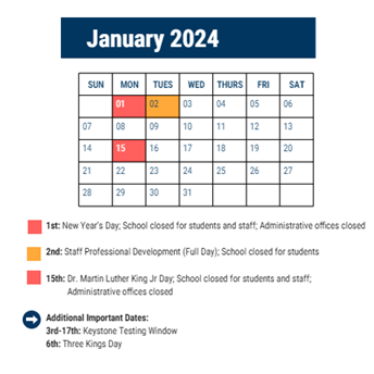 District School Academic Calendar for Finletter Thomas K Sch for January 2024