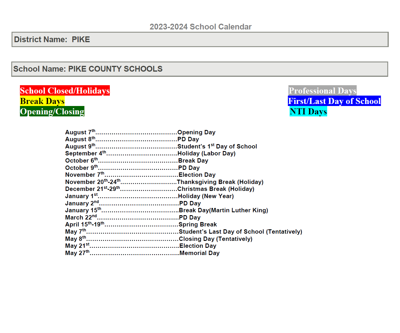 District School Academic Calendar Key for Feds Creek Elementary School