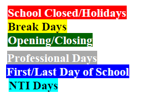 District School Academic Calendar Legend for Feds Creek Elementary School