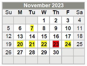 District School Academic Calendar for Feds Creek Elementary School for November 2023