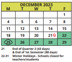 District School Academic Calendar for San Jose Elementary School for December 2023