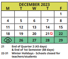 District School Academic Calendar for Shore Acres Elementary School for December 2023