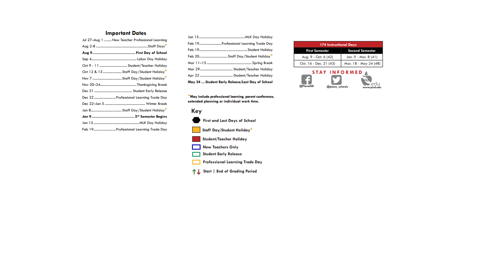 District School Academic Calendar Key for Secondary Special Program Center