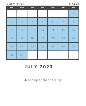 District School Academic Calendar for South Elementary for July 2023