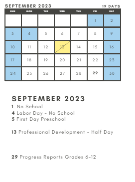 District School Academic Calendar for South Elementary for September 2023