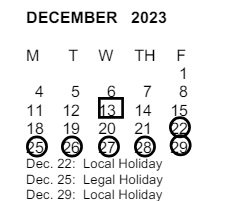 District School Academic Calendar for Pueblo School for December 2023