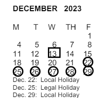 District School Academic Calendar for Arroyo Elementary for December 2023