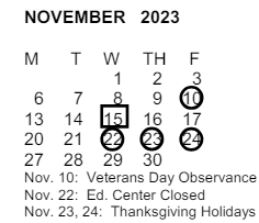District School Academic Calendar for Pantera Elementary School for November 2023
