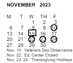 District School Academic Calendar for Pomona Alternative (pas) for November 2023