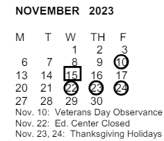 District School Academic Calendar for Pueblo School for November 2023