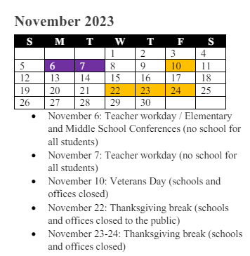 District School Academic Calendar for Sharon C. Mcauliffe Elementary for November 2023