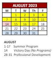 District School Academic Calendar for William B. Cooley/health And Science TECH. Academy for August 2023