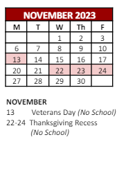 District School Academic Calendar for William B. Cooley/health And Science TECH. Academy for November 2023