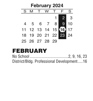 District School Academic Calendar for W H Heaton Middle School for February 2024