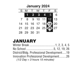 District School Academic Calendar for Youth & Family Academy Charter for January 2024