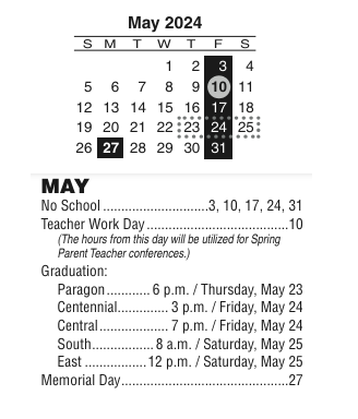 District School Academic Calendar for Roncalli Middle School for May 2024