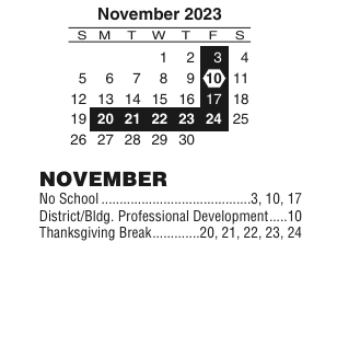 District School Academic Calendar for Youth & Family Academy Charter for November 2023
