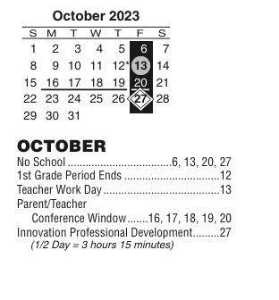 District School Academic Calendar for South High School for October 2023