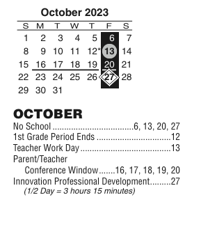 District School Academic Calendar for Spann Elementary School for October 2023