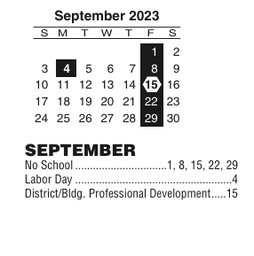 District School Academic Calendar for Youth & Family Academy Charter for September 2023