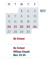 District School Academic Calendar for Pine Forest Elementary School for November 2023