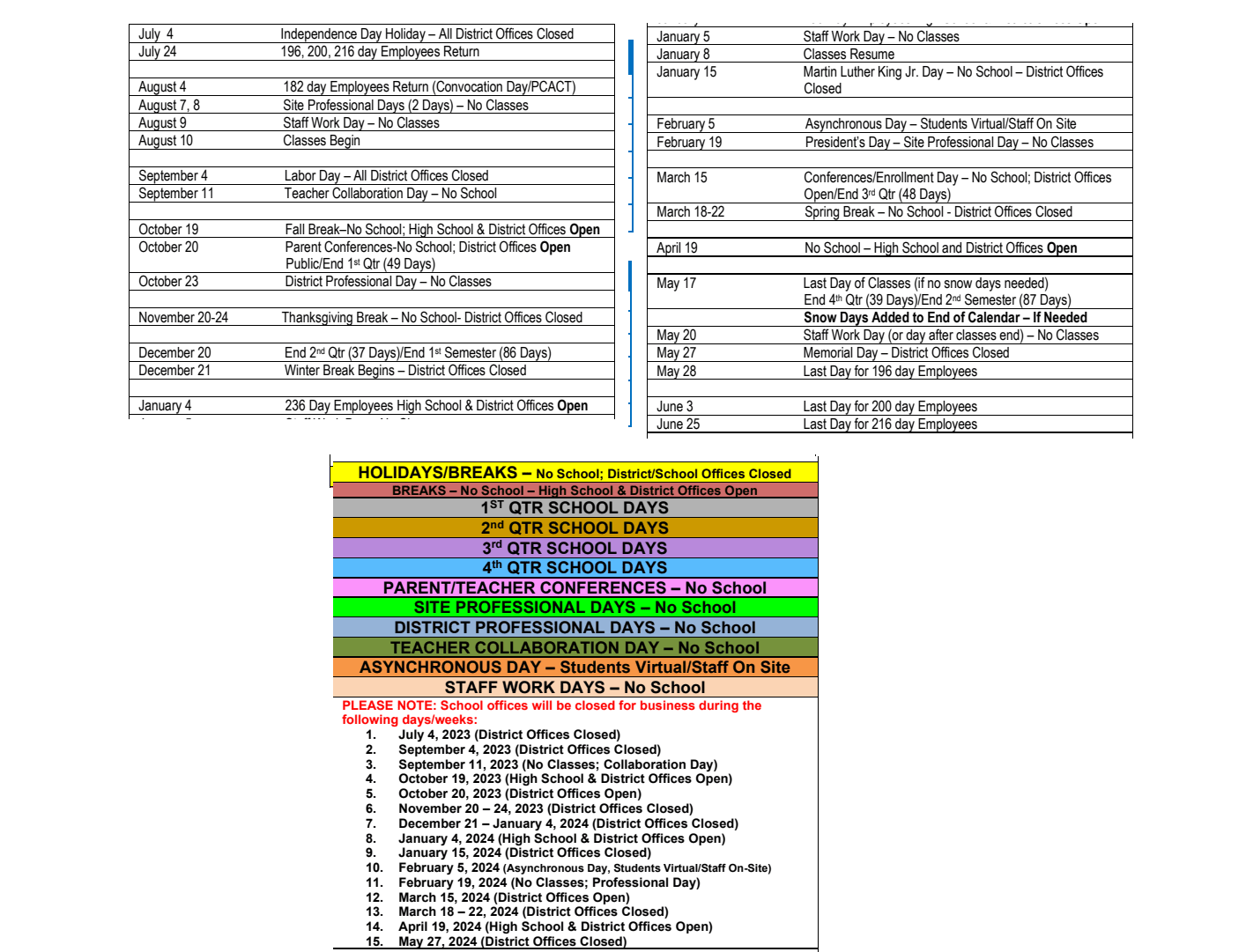 District School Academic Calendar Key for Kirkland Es