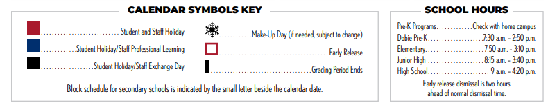 District School Academic Calendar Key for Parkhill Junior High