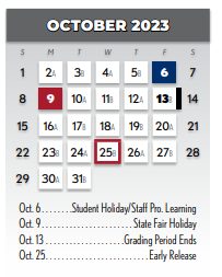 District School Academic Calendar for Aikin Elementary for October 2023