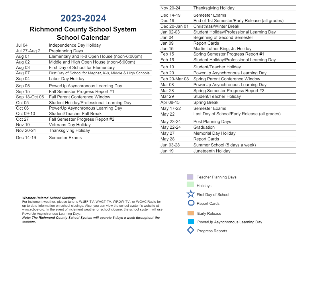 District School Academic Calendar Key for Academy Of Richmond County High School