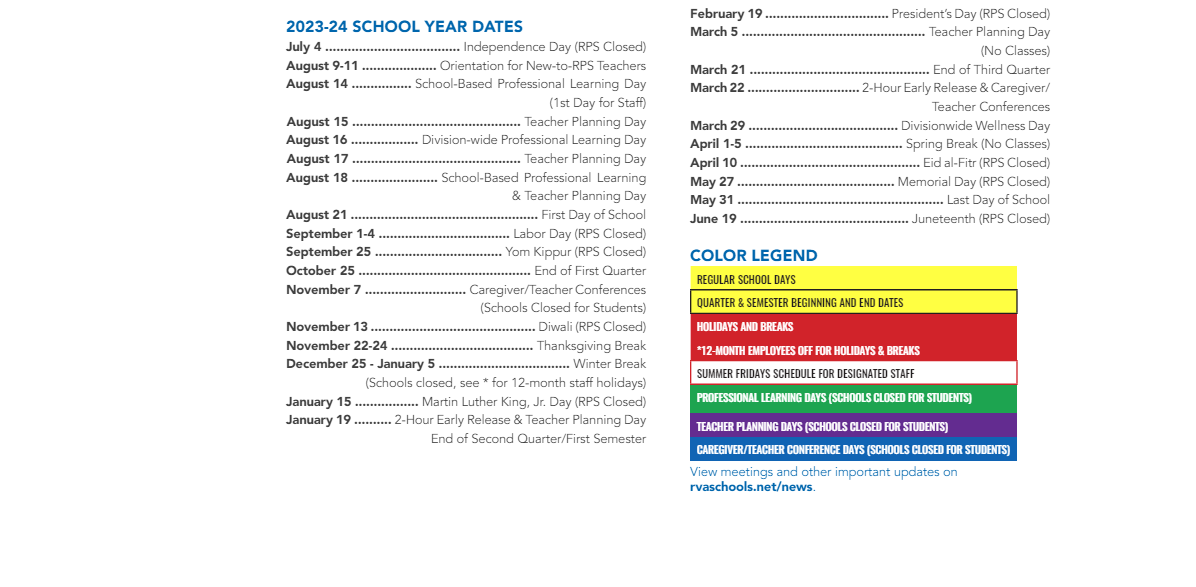 District School Academic Calendar Key for Linwood Holton Elem