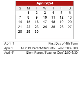 District School Academic Calendar for River Forest Jr High School for April 2024