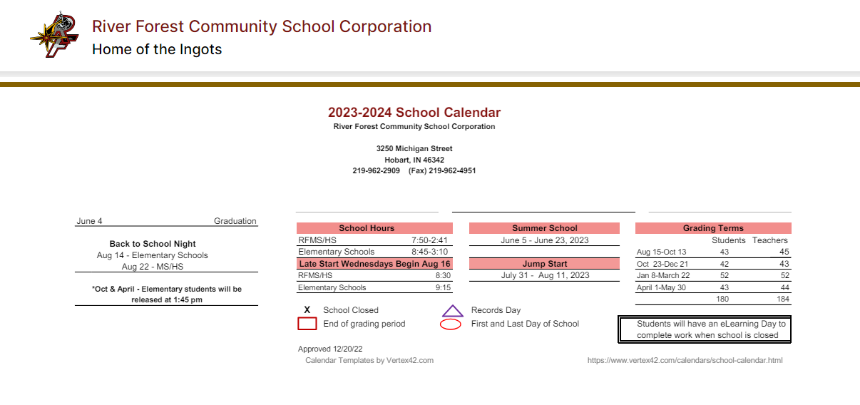 District School Academic Calendar Key for River Forest Jr High School