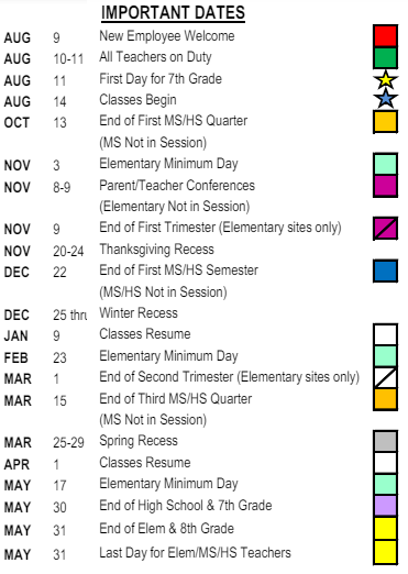 District School Academic Calendar Legend for Riverside Unified Independent Study