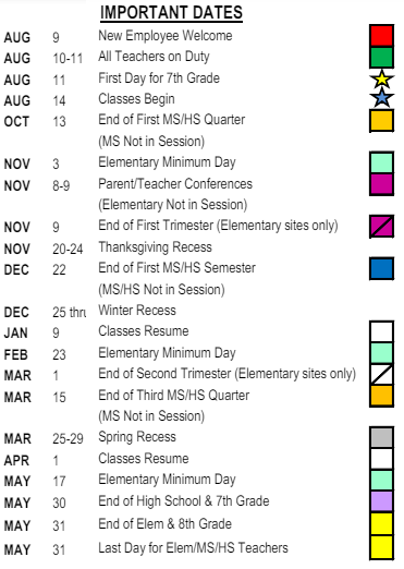 District School Academic Calendar Legend for Earhart (amelia) Middle