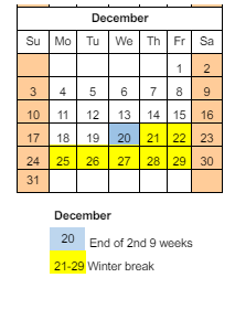 District School Academic Calendar for Columbia Elementary School for December 2023