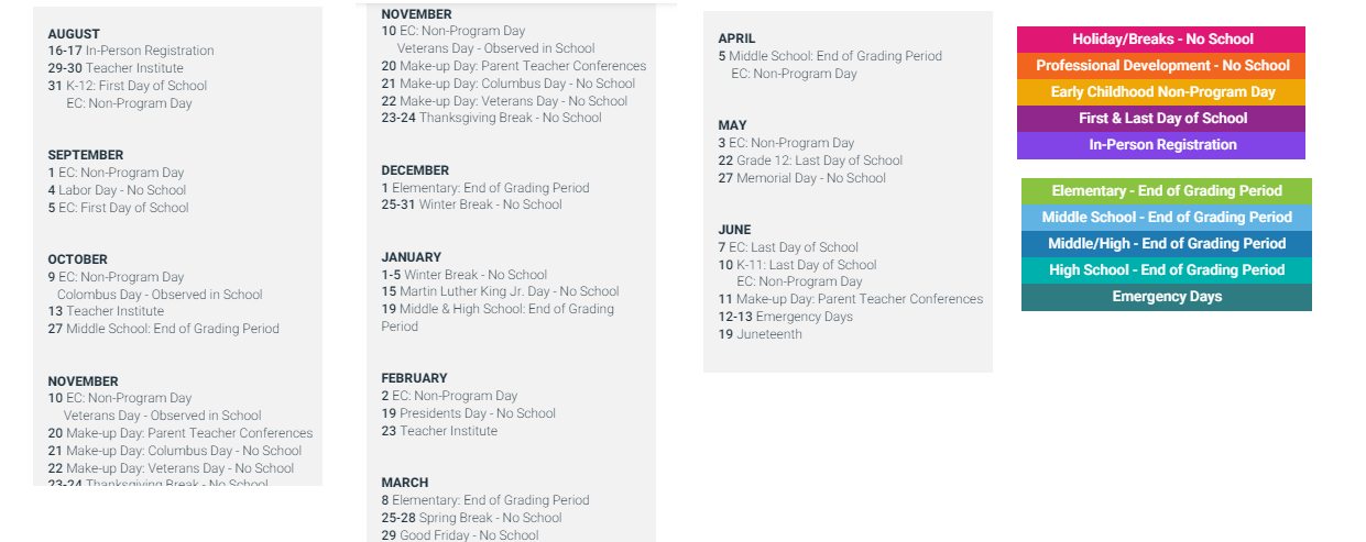 District School Academic Calendar Key for Julia Lathrop Elem School