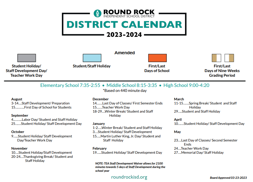 District School Academic Calendar Key for Williamson Co J J A E P