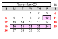 District School Academic Calendar for Anderson(marian) - Therapeutic Center for November 2023