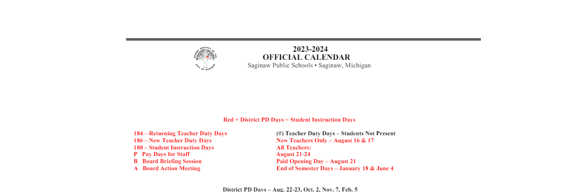 District School Academic Calendar Key for Saginaw Arts And Sciences Academy