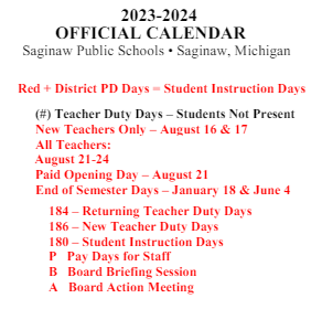 District School Academic Calendar Legend for Saginaw Arts And Sciences Academy