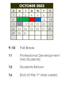 District School Academic Calendar for Port Barre High School for October 2023