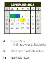 District School Academic Calendar for Port Barre High School for September 2023