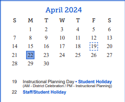 District School Academic Calendar for Lee Middle School for April 2024