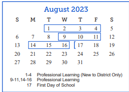 District School Academic Calendar for Bowie Elementary School for August 2023