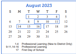 District School Academic Calendar for Fannin Elementary School for August 2023