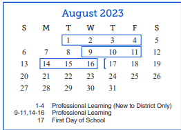 District School Academic Calendar for Lee Middle School for August 2023